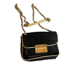 Michael Kors Black Suede Crossbody Purse Bag with Gold Trim